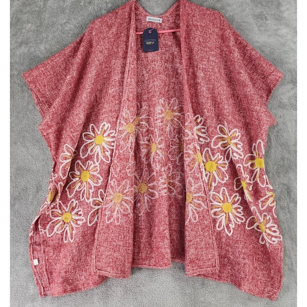Passage‎ Poncho Sweater Womens One Size Pink Floral Short Sleeve Open Cardigan